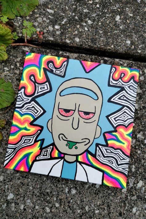 Trippy Cartoon Canvas Art, High Art Trippy, Rick Sanchez Painting, High Rick And Morty Paintings, Drawings To Hang In Your Room, Rick And Morty Painting Trippy, High Paint Ideas Trippy Easy, 8x8 Painting Ideas, Trippy Acrylic Painting Easy