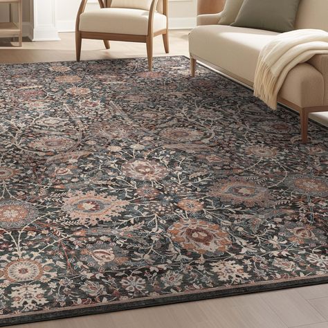 PRICES MAY VARY. Elegant Design for Modern Homes: The Asha Collection showcases a beautiful array of floral and medallion prints, each intricately designed to add sophistication and charm to your living room, dining room, or bedroom. Perfect for Everyday Living: 9x13 (9'10" x 13') rug crafted to withstand the hustle and bustle of daily life, these rugs are an ideal choice for high-traffic areas. The kilim-inspired low pile design ensures durability while maintaining a high-quality texture and ap Charcoal Gray Area Rugs, Neutral Living Room With Pop Of Color Area Rugs, White Couch Dark Rug, Gothic Rugs For Living Room, Floral Rugs Bedroom, Moody Living Room Area Rugs, Area Rug With Brown Leather Couch, Soft Living Room Rug, Modern Spanish Decor Living Room