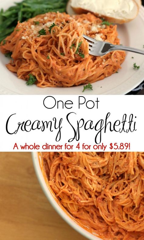 One Pot Creamy Spaghetti - A whole meal for $1.47 per person! #30MinuteMeal #WorkingMom #DinnerRecipe #SpaghettiRecipe #CreamySpaghetti #OnePotSpaghetti #Pasta | 30 Minute Meals | Quick Dinner | Cheap Recipe | Thrifty Meals | What to Cook When You Are Broke Pasta Recipes For Dinner, Thrifty Meals, Dinner Cheap, Cheap Recipe, Creamy Spaghetti, One Pot Spaghetti, Fast Recipes, Pasta Dinner Recipes, Cheap Dinners