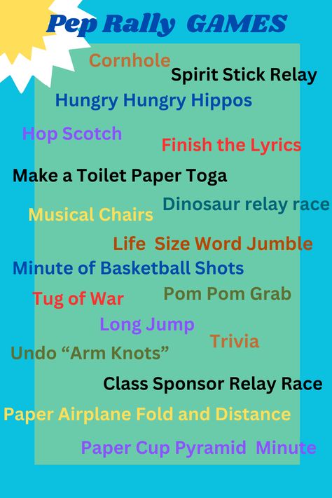 If you feel stuck, here is a list of pep rally games! If you aren't sure how one works, comment below for an answer. cheer, cheerleading, pep rally, games, coach, competitions, teachers, class council, class sponsor, cheer coach, school spirit, class competitions, class games Themes For High School Basketball Games, Class Themes High School, Fun Pep Rally Ideas, Games For Pep Rallies High Schools, Pep Rally Themes Ideas, Lunch Time Activities High School, Make It Count Cheer Camp Theme, Games For Pep Rally, Student Government Ideas Activities