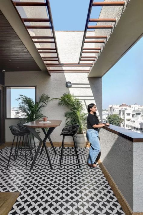 An Eye Striking Facade Captures The Spectator’s Vision Created From Earthy Material Palette Of This Residence | Manoj Patel Design Studio - The Architects Diary Roof Terrace Design, Terrace Tiles, Terrace Floor, Wallpapers Home, Balcony Flooring, Brick Cladding, Modern Balcony, Terrace Garden Design, Rooftop Terrace Design