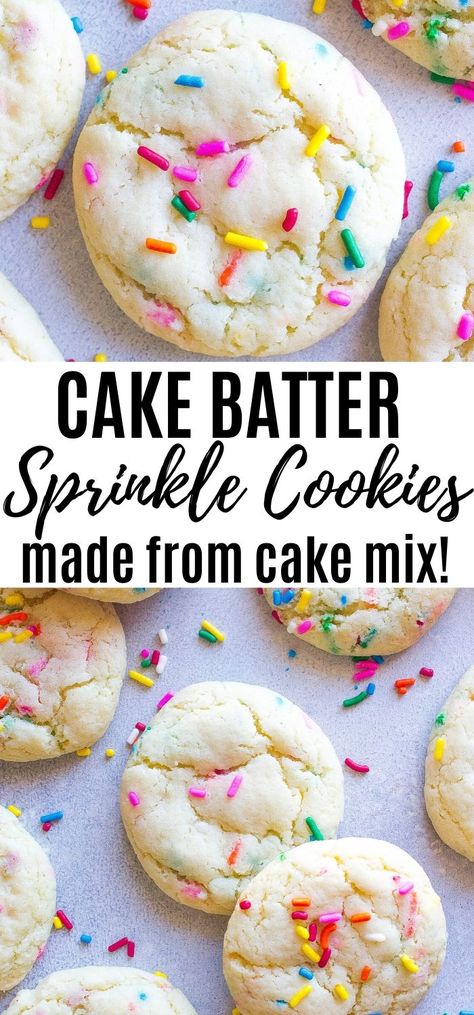 These Cake Batter Sprinkle Cookies are made with cake mix and lots of sprinkles. They are SO easy to make and can be made in less than 20 minutes flat! #desserts #cake #cookies #sprinkles #baking #treat #kathrynskitchen #delicious Cake Batter Cookies Recipe, Confetti Cake Cookies, Quick And Easy Cookies, White Cake Mix Cookies, Pies Chocolate, Cookies Sprinkles, Funfetti Cake Mix Cookies, Flat Cake, Cake Batter Recipes