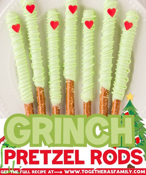 Grinch Party Foods, Grinch Themed Snacks, Grinch Pretzel Rods, Grinch Chocolate Covered Pretzels, Grinch Pretzels, Grinch Day Preschool Snack, Grinch Snacks Christmas Treats, Grinch Kabobs Christmas, The Grinch Treats For Kids