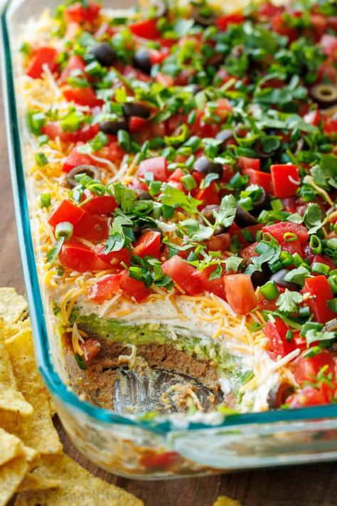 7 Layer Dip has seven distinct layers, each offering a delicious blend of Mexican-inspired flavors and textures. No cooking required—just layer and enjoy! Bean Dip With Ground Beef, Dip With Ground Beef, Mexican Bean Dip, 7 Layer Bean Dip, 7 Layer Dip Recipe, Mexican Layer Dip, Fingerfood Baby, Layered Dip Recipes, Layered Bean Dip