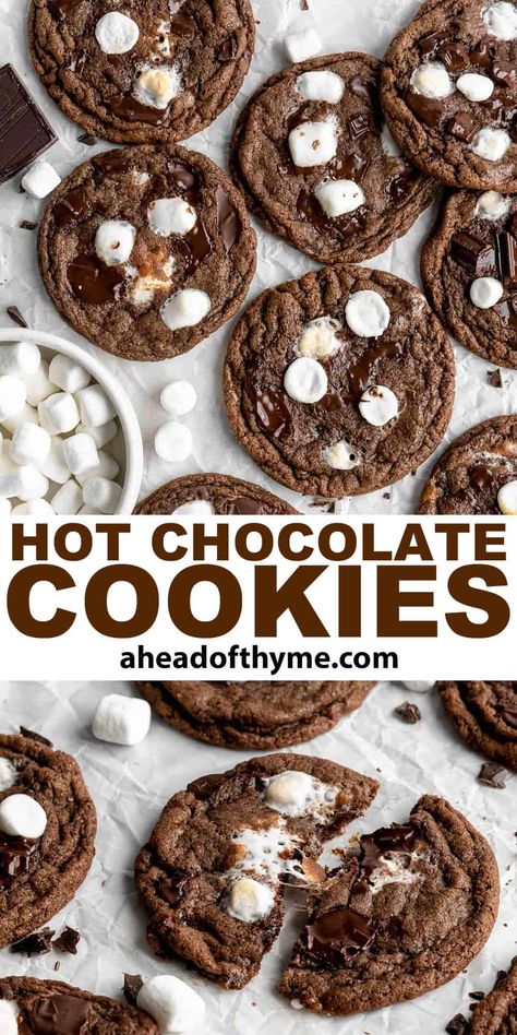 Hot Chocolate Cookies Cappuccino Swirl Cookies, Cocoa Marshmallow Cookies, Snow Day Baking Ideas, Hot Chocolate Chip Cookies, Hot Chocolate Baked Goods, Hot Chocolate Brownie Cookies, Hot Cocoa Baking Recipes, Crumbl Hot Chocolate Cookies, Freeze Ahead Cookie Dough