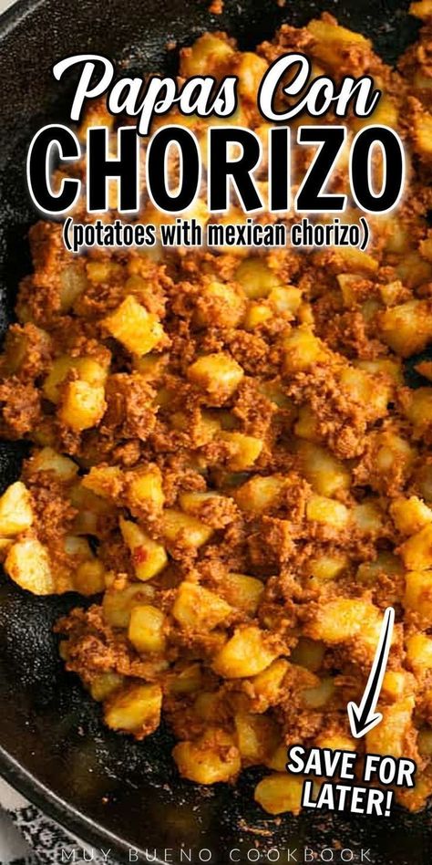 Papas con chorizo is an easy, two-ingredient recipe that is perfect to make if you are looking for a traditional Mexican breakfast. This delightful combination of potatoes and Mexican chorizo is perfect for an easy breakfast any day of the week or as a tasty addition to your Easter brunch. It is delicious served with eggs, on tostadas, in tortillas, or as a topping for sopes. Try this easy, budget-friendly recipe this week! Chorizo Recipe, Chorizo Breakfast, Chorizo And Potato, Meal Rotation, Chorizo Recipes, Mexican Breakfast, Mexican Dinner, Breakfast Tacos, Mexican Food Recipes Authentic