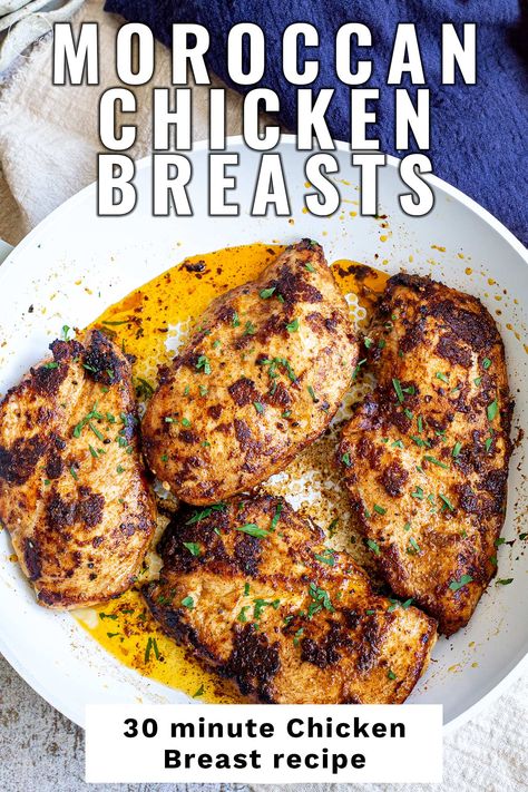 This Moroccan Chicken Breast recipe is surprisingly simple. It uses a few basic ingredients to create a delicious, easy dinner. The chicken breasts are marinated with spices and olive oil and then pan-fried until golden brown. The result is a fragrant dish loaded with flavor, perfect for the family or a dinner with friends. They can be served with rice, couscous, roasted vegetables, or a side salad. Or, once cooked, you can chop the chicken and use it as a filling for wraps or sandwiches. Moroccan Roasted Chicken, Marinated Mediterranean Chicken, Moroccan Spiced Chicken, Spicy Mediterranean Chicken, Medaterain Chicken, Msakhan Chicken Recipe, Chicken With Couscous Recipes, Zatar Chicken Recipes, Bulk Chicken Recipes