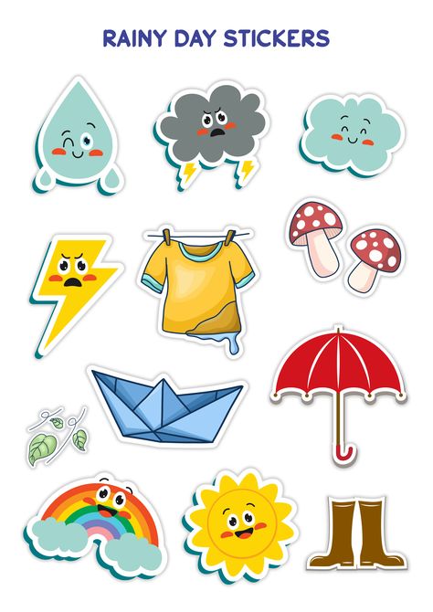 Rainy day stickers Monsoon Journal Ideas, Monsoon Day Celebration In School, Rainy Season Decoration For School, Rainy Day Celebration In Preschool, Rainy Season Decoration, Rainy Day Decoration In Preschool, Rainy Season Board Decoration Ideas, Rainy Stickers, Rainy Day Stickers