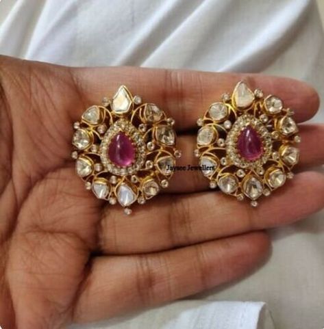 Polki Studs Uncut Diamond, Polki Earrings Studs, Studs Earrings Gold India, Polki Studs, Round Earrings Gold, Ruby Earring, Emerald Diamond Earrings, Ruby Earrings Studs, Polki Earrings