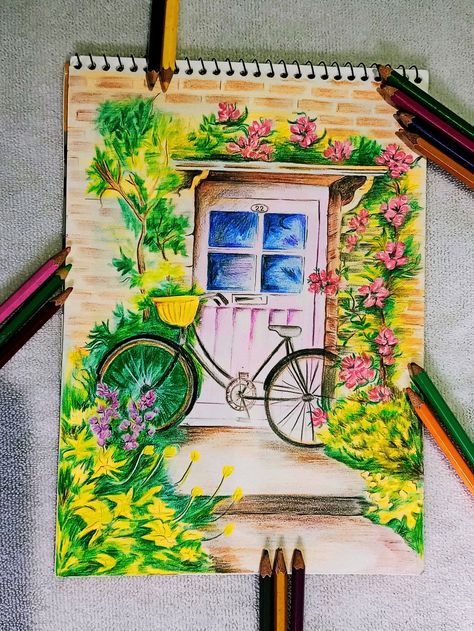 #pencilportrait #creative #watercolor #realisticdrawing #drawingart #ink #graphite #artsy Scenery With Colour Pencils, Pencils Colour Art, Nature Scenery Drawing With Oil Pastels, Scenery Drawing Pencil Sketches, Drawing In Pencil Colour, Colored Sketches Pencil, Pencil Colour Painting Landscape, Beautiful Scenery Drawing Pencil, Colorful Pencil Sketches