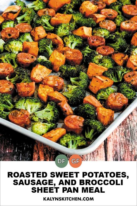 Roasted Sweet Potatoes, Sausage, and Broccoli Sheet Pan Meal is delicious and this is unbelievably easy for a family dinner! [found on KalynsKitchen.com] #SheetPanMeal #SausageSheetPanMeal Sausage And Broccoli Sheet Pan, Sausage And Broccoli, Sweet Potato Recipes Healthy, Anti Inflamatory, Sheet Pan Dinners Recipes, Pre Cooked Chicken, Stuffed Sweet Potato Healthy, Health Dinner, Broccoli Recipes