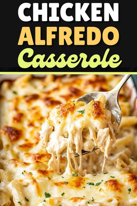 This Chicken Alfredo casserole is comforting, satisfying, and so delicious! And since it's a dump-and-go meal, it's easy to make, too! Lazy Day Casserole, Easy Dinner Ideas For Large Group, Oven Meals For A Crowd, Cheap Chicken Casserole Recipes, Dump And Go Chicken Alfredo, Easy Cheap Casseroles, Easy Oven Casserole Recipes, Family Supper Recipes, Uncooked Chicken Casserole Recipes