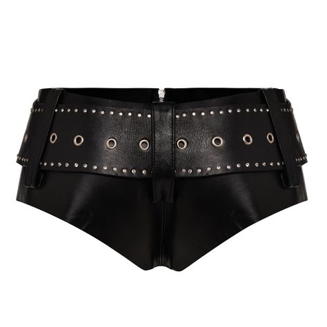 Black Belted Mini Bottoms, Belted Mini Shorts, Fitted Belted Mini Shorts, Black And Silver Outfit, Edgy Black Mini Shorts, Black And Silver Outfits, Leather Black Pants, Low Rise Leather Shorts, Vampire Princess