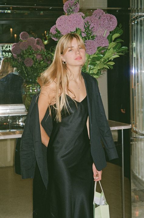 Black Silk Dress Casual, Silk Dress Grunge, Black Midi Satin Dress, Blazer And Silk Dress, Black Slip Dress With Blazer, Black Silk Dress With Blazer, Long Black Silk Dress Outfit, Black Midi Slip Dress Outfit, London Date Night Outfit