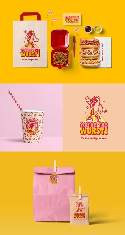 Dessert Label Design, Retro Design Packaging, Cool Packaging Design Box Creative, Delivery Branding Design, Snack Branding Design, Retro Packaging Design Food, Burger Branding Design, Burger Graphic Design, Brand Identity Design Creativity