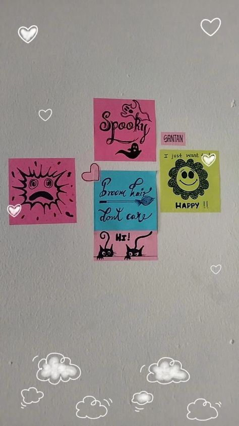 Sticky notes abstract idea Sticky Notes Ideas Wall, Sticky Notes Ideas Wall Bedroom, Sticky Notes Wall Decor, Sticky Note Doodles, Sticky Note Decor, Sticky Notes Aesthetic, Cat Pattern Wallpaper, School Doodles, Note Doodles