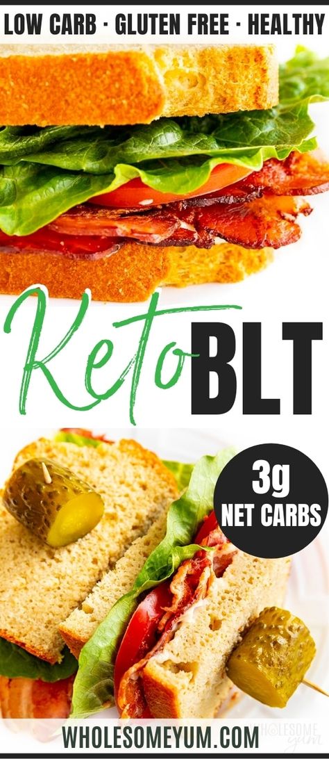 Low Carb Keto BLT Recipe - This keto BLT tastes like the real deal! Fluffy, chewy bread, smoky bacon, crunchy lettuce, juicy tomatoes, and creamy mayo... at just 3g net carbs per serving. #wholesomeyum Keto Blt Sandwich, Keto Blt Salad, Low Carb Blt Sandwich, Keto Blt Wrap, No Bread Blt, Low Carb Blt, Healthy Blt, Keto Blt, Keto Wraps