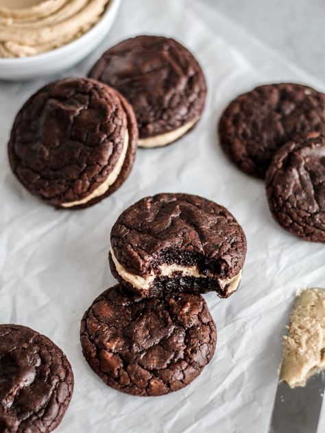 Brownie Sandwich Cookies with Peanut Butter Frosting (dairy-free) | Sugared & Stirred Brownie Cookie Sandwich With Peanut Butter Frosting, Cookie Butter Sandwich, Brownie Sandwich Cookies With Peanut Butter Frosting, Brownie Sandwich Cookies, Cookie Frosting Sandwich, Brownie Cookie Sandwiches, Cake Sandwich Ideas Desserts, Brownie Sandwich, Cookies With Peanut Butter