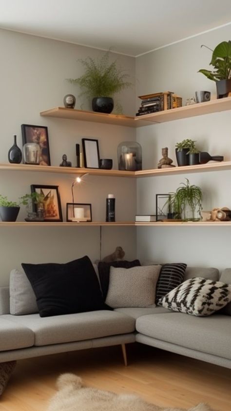 21+ Insanely Genius Above The Couch Shelf Ideas That Will Transform Your Living Room - From Lemons To Luxury Corner Floating Shelves Dining Room, Living Room Extra Wall Ideas, Utilizing Vertical Space, Shelves In Corner Living Room, Sitting Room Shelves Ideas, Living Room Full Wall Shelves, Flat Lounge Ideas, Vertical Shelves Living Room, Corner Living Room Shelves