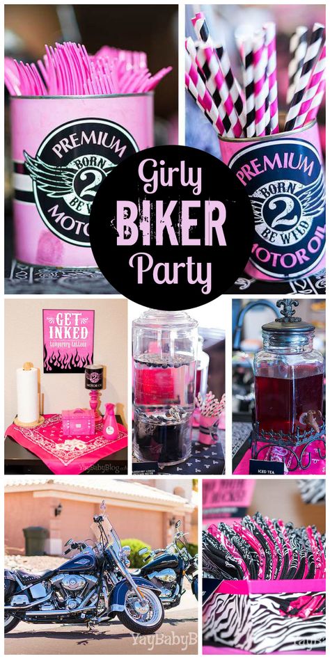 A girly biker bash with a pink, gray, black and white color palette and a temporary tattoo station!  See more party planning ideas at CatchMyParty.com! Girly Biker Party, Biker Party Decorations, Motorcycle Bachelorette Party, Bikers And Babes Party Theme, Biker Baby Shower Ideas, Biker Bachelorette Party, Biker Theme Party, Bad Two The Bone Birthday Party Girl, Harley Davidson Baby Shower