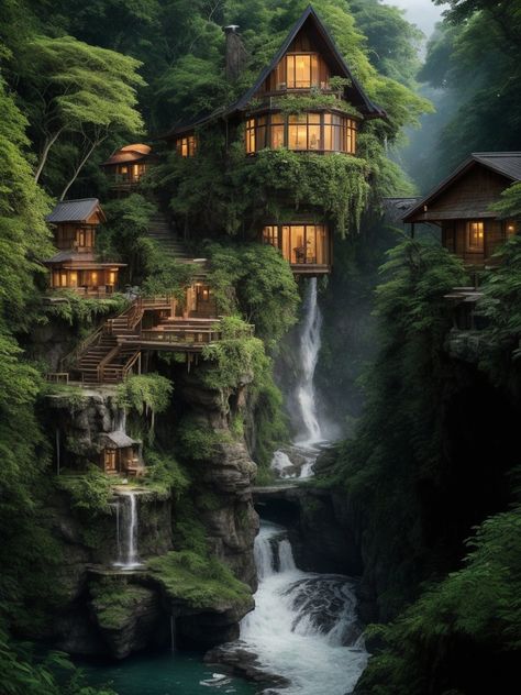 Environment Moodboard, Cliff Houses, Cliff Palace, Cliffside House, Teapot Ideas, Vampire House, Forest Houses, Beautiful Tree Houses, Waterfall House