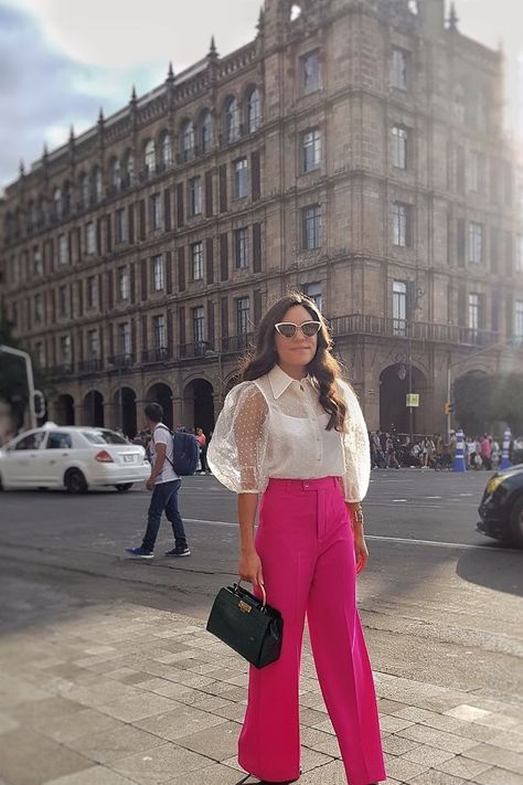 Magenta Trousers Outfit Ideas, Pink Pants Spring Outfits, Magenta Wide Leg Pants Outfit, Hot Pink Pants Work Outfit, White Top And Pink Pants, Fusia Blouse Outfit, Hot Pink Trousers Outfit Classy, Hot Pink Business Casual, Outfit With Hot Pink Pants