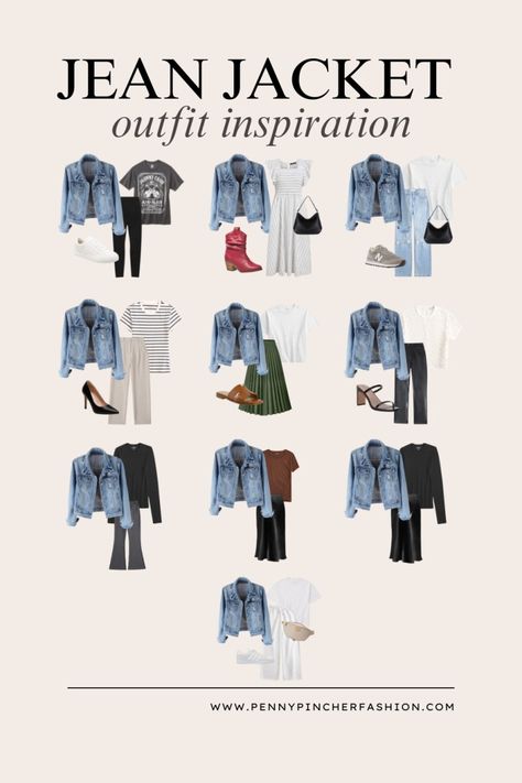 Upgrade Your Wardrobe: 10 Must-Try Blue Jean Jacket Outfit Combinations - Penny Pincher Fashion Blog Jean Jacket Inspo Outfits, How To Style Jeans Jacket, Jeans Coat Outfit Jackets, Blue Jeans Jacket Outfit, How To Style A Denim Jacket, How To Style Denim Jacket, Fall Jean Jacket Outfits, Denim Jean Jacket Outfits, Coated Jeans Outfit