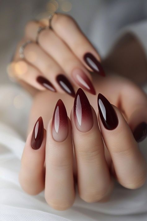 17 Ombre Nail Ideas That Are Gorgeous Classy Nails Ombre Simple, Trendy Metallic Nails, Transparent Nails Ideas, Maroon Black Ombre Nails, Smokey Tip Nails, Boho Nails Almond Shape, Ambre Nails For Fall, Burgundy Ombre Nail Ideas, Ombré Gel X Nails