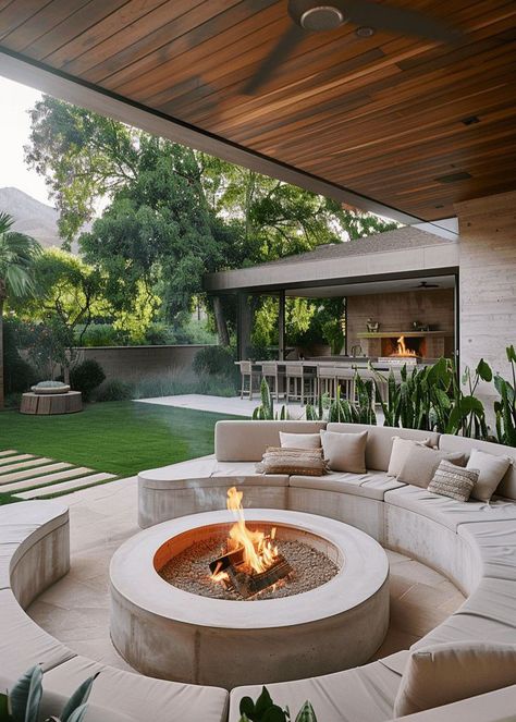 Boma Area Ideas, Modern Stone Patio Ideas, At Home Fire Pit, Exterior Space Design, Outdoor Pit Ideas, Fire Pit And Dining Area Backyard, Fire Pit Living Room, Outdoor Fire Area, In Ground Fire Pit With Seating