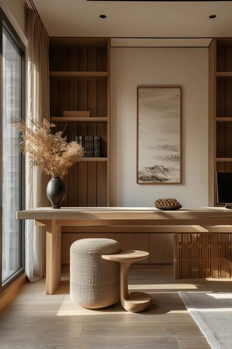 Serene Office Space, Japandi Study Room, Office Japandi, Japandi Workspace, Modern Minimalist Home Office, Japandi Office Design, Japandi Office, Bedroom Japandi, Japandi Home Office