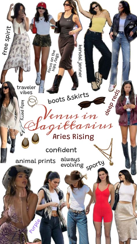 Venus in Sagittarius outfit ideas with Aries rising this combination leads to a free spirited, adventurous and traveler look, but it’s always evolving so it doesn’t necessarily fit into one style lots of animal prints, skirts, and boots Venus In Sagittarius, Style Mood Board, Skirts And Boots, Aries Rising, Always Evolving, Aries And Sagittarius, Aquarius Rising, Venus Fashion, Aesthetic Shop