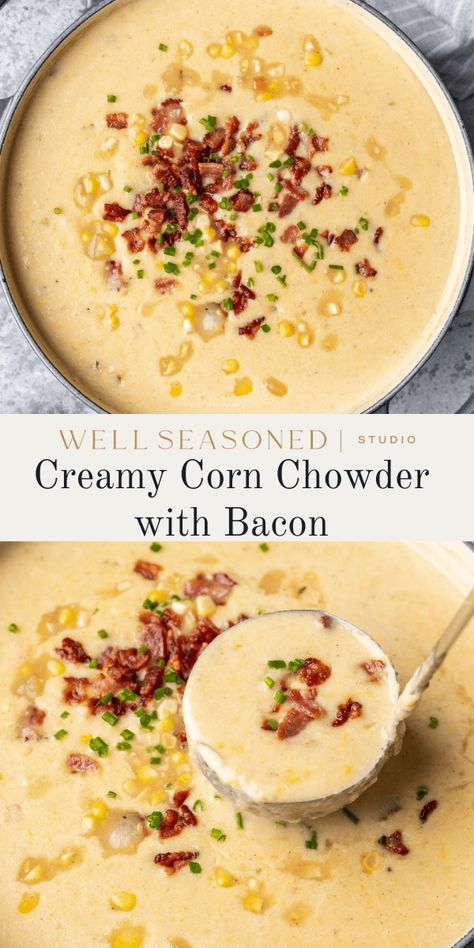 Our Corn Chowder with Bacon is a celebration of fresh summer corn! It's a rich, creamy soup recipe with crispy bacon, tender potatoes, fresh herbs, and a deeply flavored broth enhanced by adding the corn cobs to the soup as it simmers. It makes a great lunch or dinner on its own (though a side salad or crusty bread is always welcome), and is perfect for potlucks or picnics. Make-ahead and freezer-friendly. #wellseasonedstudio #cornchowder #cornsoup #chowderrecipe Corn Chowder With Bacon, Creamy Corn Chowder, Corn Chowder Soup, Bacon Corn Chowder, Bacon Chowder, Creamy Soup Recipes, Potato Corn Chowder, Chicken Corn Chowder, Potato Chowder