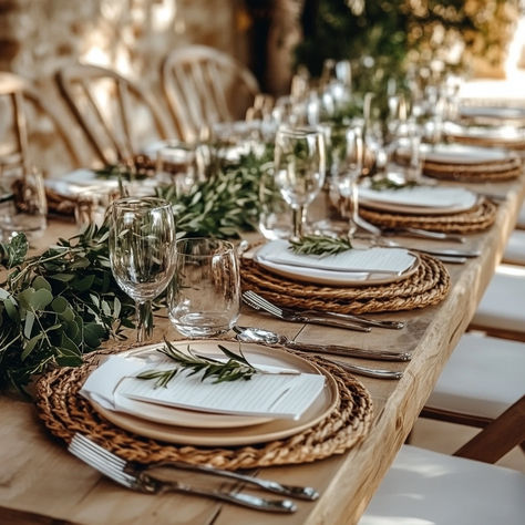 Embrace the beauty of simplicity with this elegant rustic wedding table decor featuring natural woven chargers, greenery accents, and soft neutral tones. The greenery table runner adds a touch of nature, bringing the outdoors in, while the natural textures elevate the overall aesthetic. Save this pin for inspiration on crafting the perfect rustic wedding reception! #RusticWedding #WeddingDecor #NaturalWedding #WeddingInspiration #OutdoorWedding Community Table Wedding, Natural Wedding Table Setting, Wooden Table Setting Wedding, Natural Table Settings Wedding, Wood Placemats Wedding, Barn Wedding Table Setting Round, Rustic Fall Wedding Table Setting, Simple Fall Wedding Tablescapes, Wood Table Wedding Place Setting