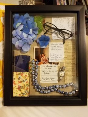 I made this shadow box immediately after we lost our Mom, Nohea Rickard. Filled it with notes she wrote, some of her belongings, and hydrangea from the centerpieces I made for the reception after her Celebration of Life. Memorial Shadow Box Ideas, Shadow Box Kunst, Shadow Box Memory, Shadow Box Ideas, Memory Projects, Diy Shadow Box, Memory Frame, Memory Crafts, Shadow Box Art