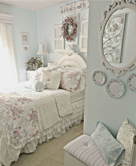 a pastel shabby chic bedroom with blue walls, shutters, plates, a mirror, floral bedding and a gallery wall Shabby Chic Bedrooms Romantic, Rustic Bedrooms, Shabby Chic Bedroom Furniture, Shabby Chic Decor Bedroom, Vintage Parisian, Chic Bedroom Decor, Romantic Shabby Chic, Shabby Chic Bedding, Work Flow