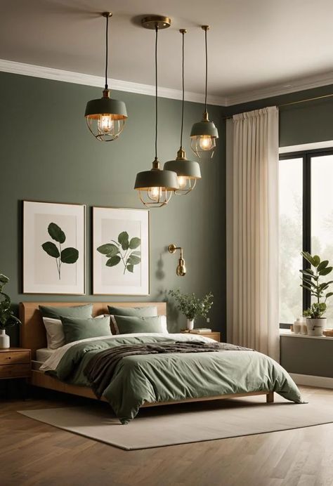 25 Gorgeous Sage Green & Cream Bedroom Ideas You'll Love 19 Sage And Oak Bedroom, Dark Green And Taupe Bedroom, Dream Room Inspiration Green, Bedroom Ideas White And Green, Cafe Style Bedroom, Natural Green Bedroom Ideas, Khaki Green Bedroom Ideas, Moody Sage Green Bedroom, Sage Green And Gold Bedroom Ideas