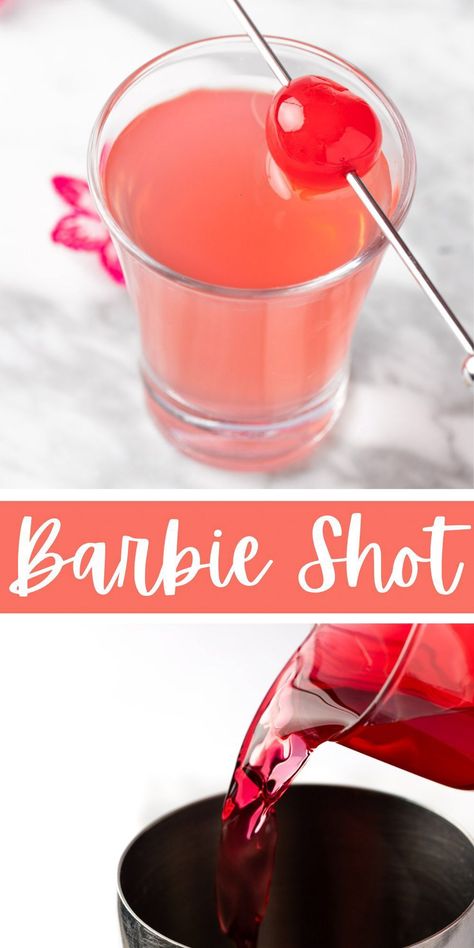 This Barbie Shot is a fun, easy to make pink shot recipe that is great for a Barbie-themed party. All you need are 4 simple ingredients and less than 5 minutes to whip up a batch. Girly Shots Alcohol, Easy Bachelorette Party Drinks, Fruity Shots Alcohol Recipes, Simple Cute Cocktails, Fun Vodka Shots, Shot Themed Party, Creative Jello Shots Ideas, Glitter Shots Alcohol, 21st Birthday Cocktail Recipes