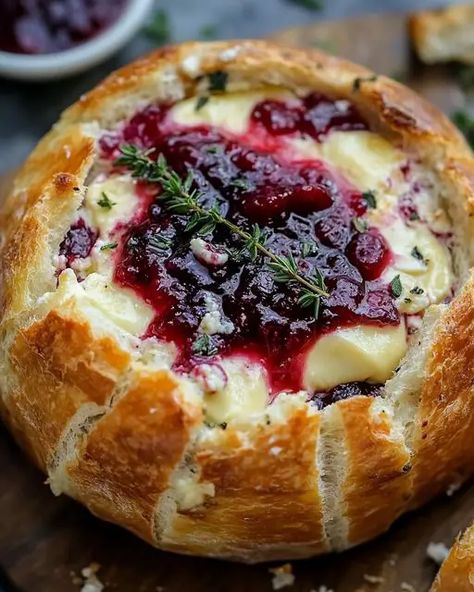 Baked Brie In Bread Loaf, Bread Brie Cranberry, Baked Brie Bowl, Brie And Cranberry Appetizer, Baked Brie In Bread Bowl, Baked Brie In Bread, Christmas Brie, Brie Bread Bowl, Xmas Apps