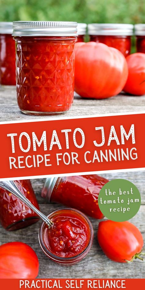 Tomato Jam Recipe for Canning: No Pectin Jam Recipes - Tomato jam canning is super simple to do and is a great way to enjoy that surplus of fresh tomatoes from the garden. Learn how to make tomato jam this summer! Plus get all my favorite tomato jam uses! tomato jam for burgers | tomato jam recipe easy | savory jam recipes | unique tomato recipes Petite Diced Tomatoes Recipes, Canning Diced Tomatoes With Basil And Garlic, Canning Recipes For Yellow Tomatoes, Canning Chopped Tomatoes, Canning Seasoned Diced Tomatoes, Canned Tomato Ideas, Cherry Tomato Recipes For Canning, Chili Ready Canned Tomatoes, Ideas For Canning Tomatoes