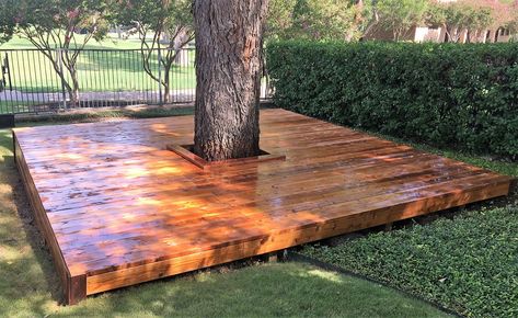 Custom Tree Wrap Around Deck Diy Deck Around Tree, Porch Around Tree, Deck With Trees Through Them, Tree Deck Platform, Tree Bench Wrap Around, Tree Deck Ideas, Deck Around Tree Ideas, Decks Around Trees, Patio Around Tree