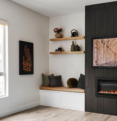 Julia Newman Pedraza | By building out a fireplace, bench seating (with storage) and floating shelves we added dimensional interest, additional seating and... | Instagram Fireplace Bench Seating, Bench Seating With Storage, Fireplace Bench, Built In Ideas, White Painted Fireplace, Seating With Storage, Best Fireplace, Sitting Nook, Floating Fireplace