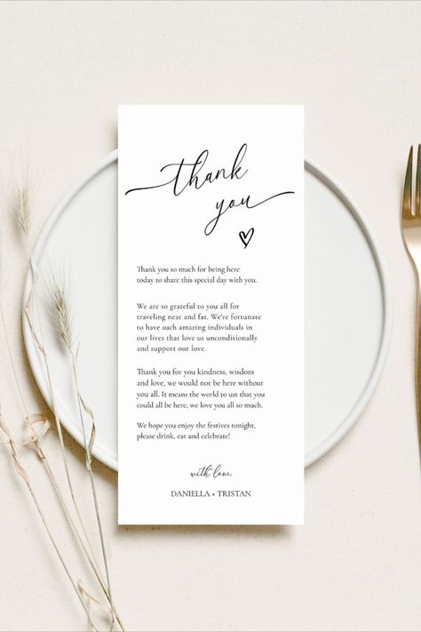 This simple wedding menu template has a minimalist design, perfect for any boho or minimalist wedding! Use this template to edit the fonts, font colour, and background colour to match your event needs.
🤍 DEMO LINK 
https://templett.com/design/demo/Lucy96/16191650,16191668
🤍 INSTANT DOWNLOAD
- Access your template after your purchase.
- Edit in your browser using TEMPLETT
- No need to download any software
🤍 WHAT'S INCLUDED:
- Wedding Menu - 4x8", 4x9" Wedding Invitation Cards Online, Simple Wedding Menu, Free Wedding Cards, Menu Card Template, Thank You Template, Thank You Printable, Wedding Menu Template, Place Card Template, Wedding Greeting Cards