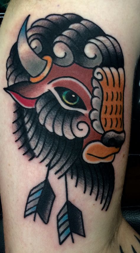 Buffalo Tattoo by Tony Nos Traditional Tattoo Animals, Ox Tattoo, Bison Tattoo, Buffalo Tattoo, Cow Skulls, Traditional Style Tattoo, Traditional Tattoo Sleeve, Handpoke Tattoo, Old School Tattoo Designs