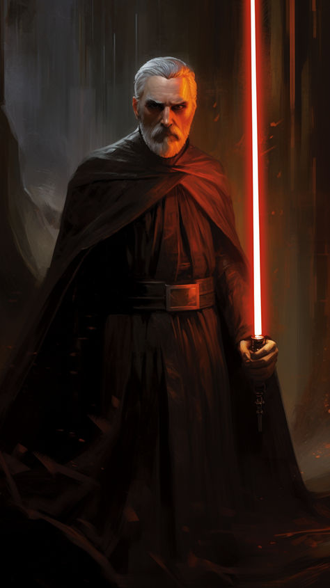 70s dark fantasy art, illustration of the star wars dooku training with his red lightsaber Star Wars Count Dooku Art, Count Dooku Fanart, Count Dooku Wallpaper, Count Dooku Art, Dooku Art, Star Wars Count Dooku, Count Dooku Lightsaber, Star Wars Sith Lords, Star Wars Fanfiction