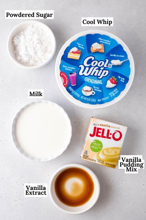 This easy cool whip frosting recipe is the perfect topping for cakes and cupcakes. In just 5 minutes with 5 simple ingredients, you'll have a delicious, creamy homemade frosting. Cool Whip Pudding Frosting, Cool Whip Icing Recipe, Cool Whip Frosting Recipe, Whipped Icing Recipes, Pudding Icing, Recipes Pudding, Whip Frosting, Pudding Frosting, Cool Whip Frosting