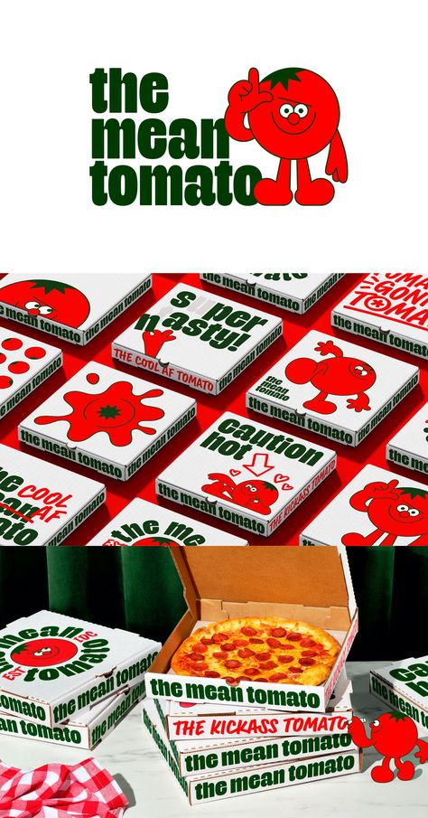 Pizza Box Packaging Design, Pizza Boxes Design, Pizza Package Design, Old School Branding, Pizza Shop Branding, Vegan Food Branding, Pizza Branding Identity, Fun Food Branding, Tomato Packaging Design