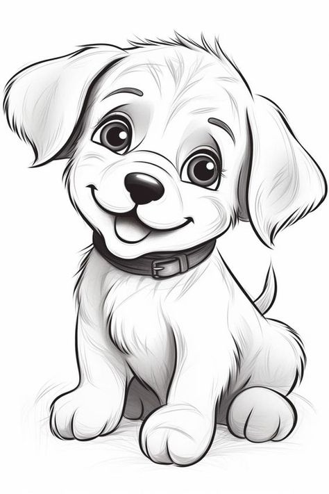 This charming black-and-white drawing captures the joyful essence of a cute puppy with expressive eyes and a happy smile. Perfect for dog lovers and art enthusiasts, this illustration radiates sheer cuteness. #PuppyArt #DogIllustration #CuteAnimals #PuppyLove #ArtLovers #AnimalIllustration Christmas Puppy Drawing, Cute Puppy Drawing, Dog Cartoon Drawing, Dog Sketches, Cartoon Dog Drawing, Cute Christmas Dog, Dog Drawing Tutorial, Beautiful Coloring Pages, Puppy Illustration