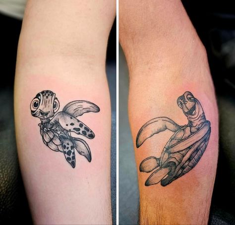 Turtle Tattoo Finding Nemo, Turtle From Nemo Tattoo, Crush From Finding Nemo Tattoos, Father Daughter Dragon Tattoos, Father Like Daughter Tattoos, Father Daughter Disney Tattoos, Best Friend Funny Tattoos, Crush Nemo Tattoo, Matching Tattoos Masculine