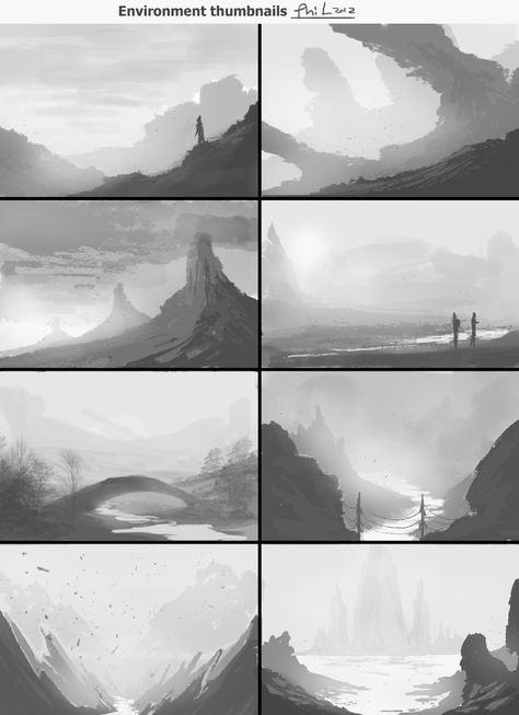 Greyscale Landscape, Environment Thumbnails, Landscape Studies, Composition Illustration, Environment Sketch, Environment Painting, Bg Design, Concept Art Tutorial, Landscape Sketch