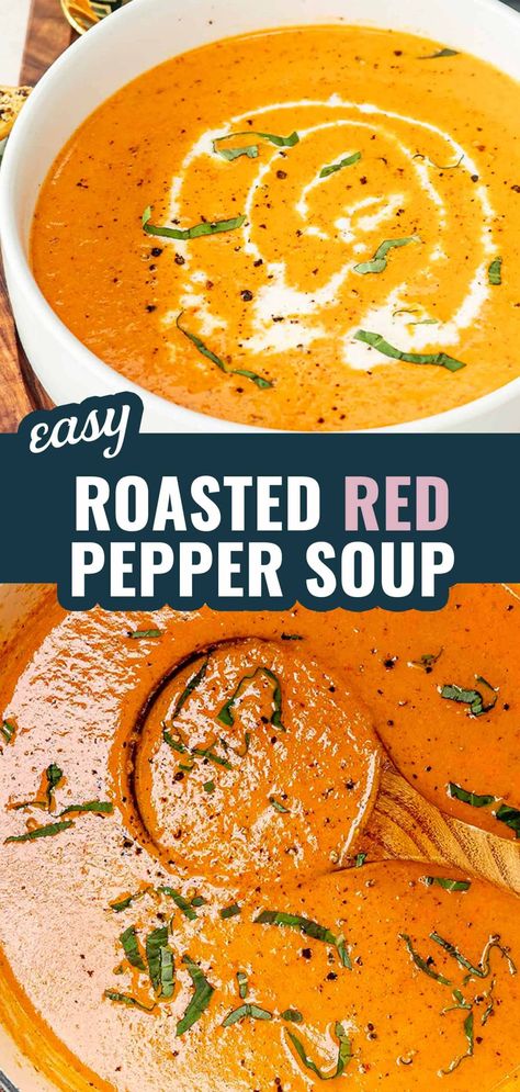 Red Pepper Bisque Soup, Red Pepper Soup Recipe, Roasted Red Peppers Recipes, Roasted Pepper Soup, Red Soup, Pepper Soup Recipe, Bell Pepper Soup, Red Pepper Recipes, Vegetarian Roast